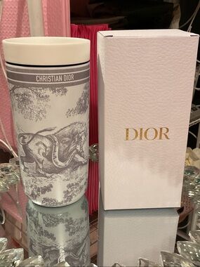 Dior White and Gray Toile Ceramic Candle Holder with Christian Dior Band
